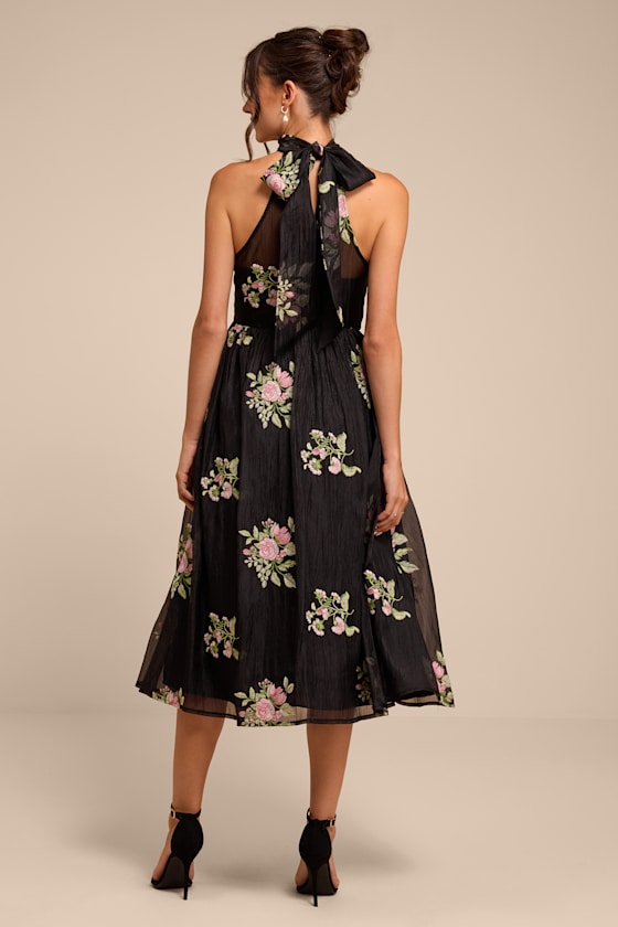 Kira Black Embroidered Halter Midi Dress