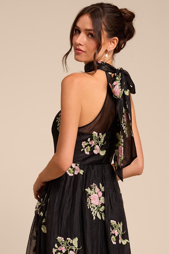 Kira Black Embroidered Halter Midi Dress