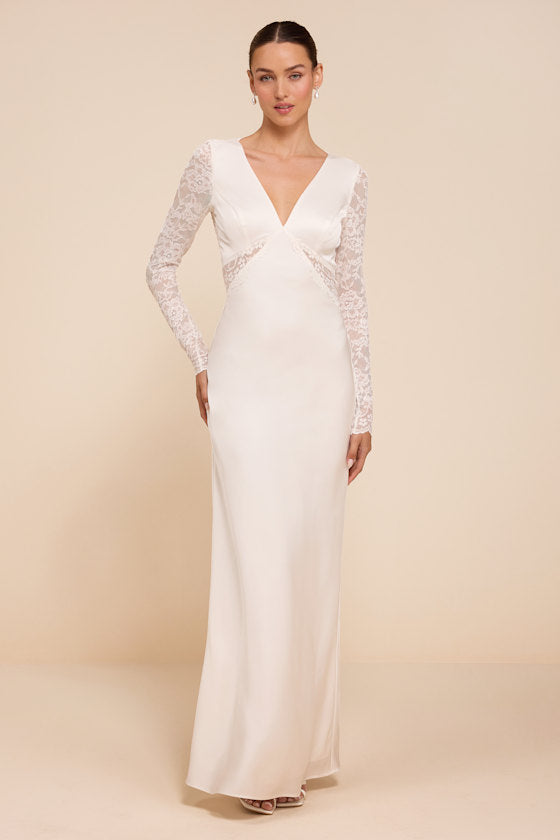 Lyric White Satin Lace Column Wedding Dress