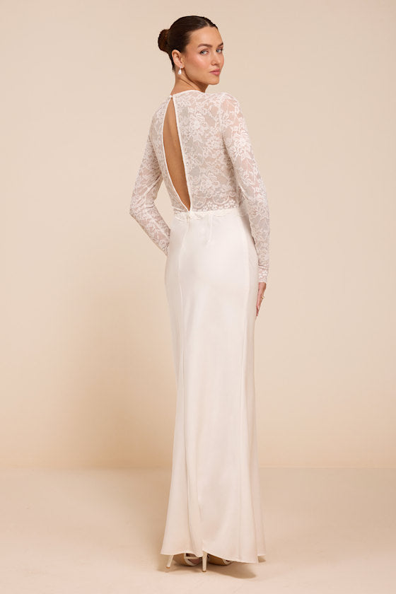 Lyric White Satin Lace Column Wedding Dress