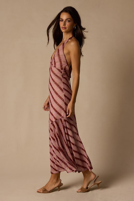 Rachel Mauve Multi Plaid Mesh Halter Midi Dress