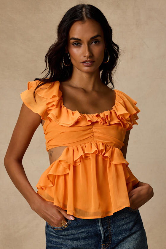 Lilo Orange Ruffled Cutout Top