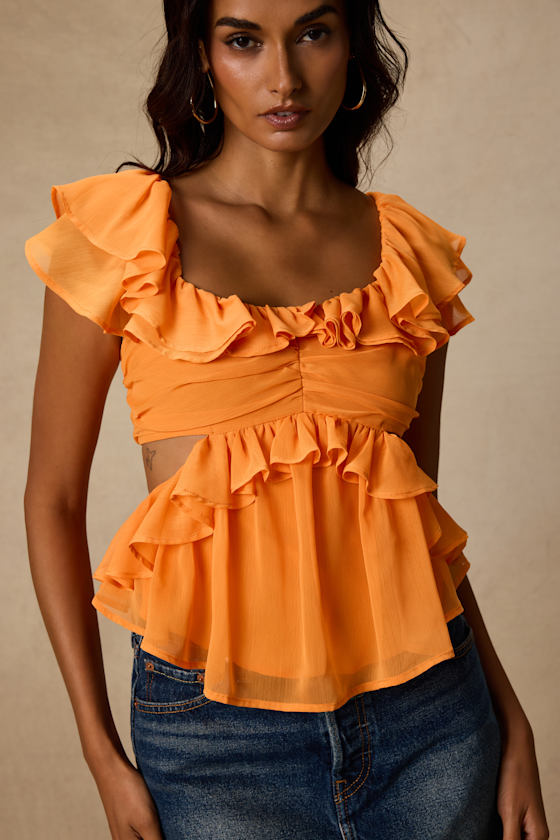 Lilo Orange Ruffled Cutout Top