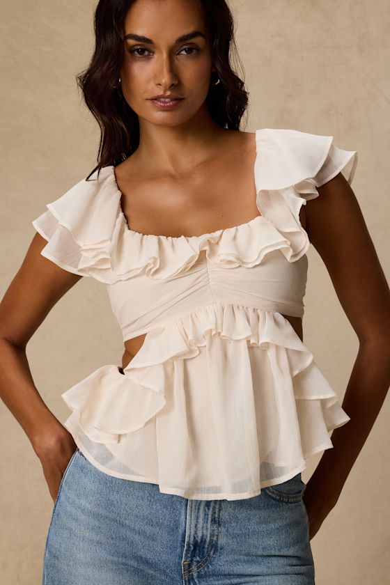 Lilo Ivory Ruffled Cutout Top