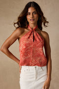 Saniya Coral Floral Jacquard Halter Top