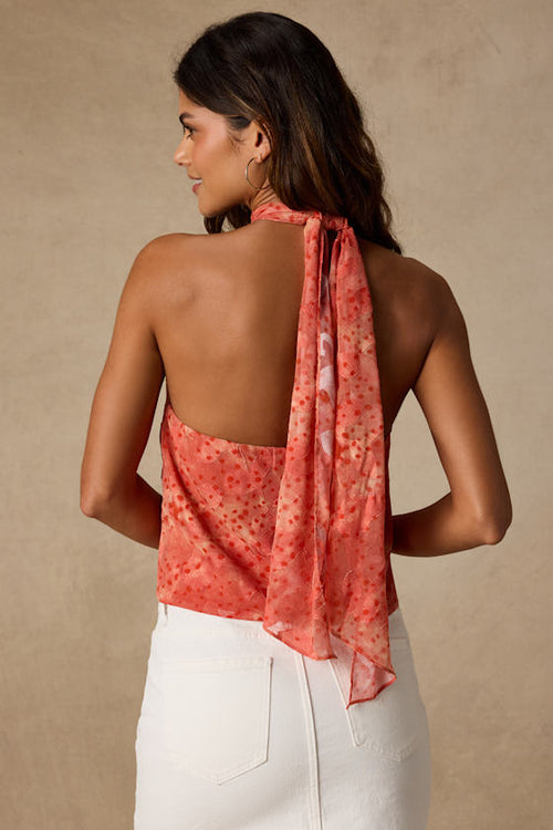 Saniya Coral Floral Jacquard Halter Top