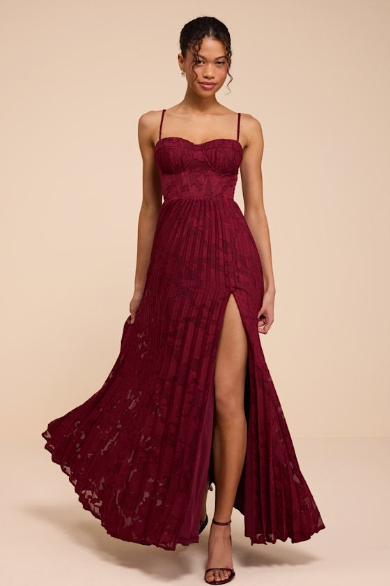 Dacie Burgundy Floral Burnout Pleated Bustier Maxi Dress