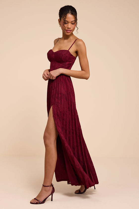 Dacie Burgundy Floral Burnout Pleated Bustier Maxi Dress