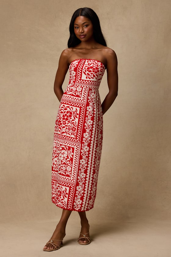 Brigita Red Striped Strapless Column Midi Dress