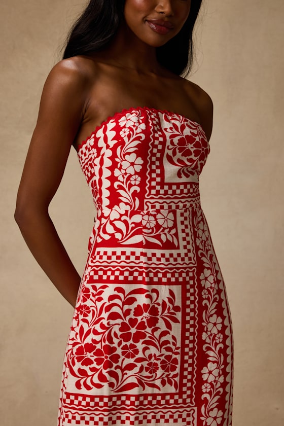 Brigita Red Striped Strapless Column Midi Dress
