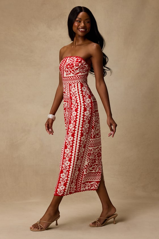 Brigita Red Striped Strapless Column Midi Dress