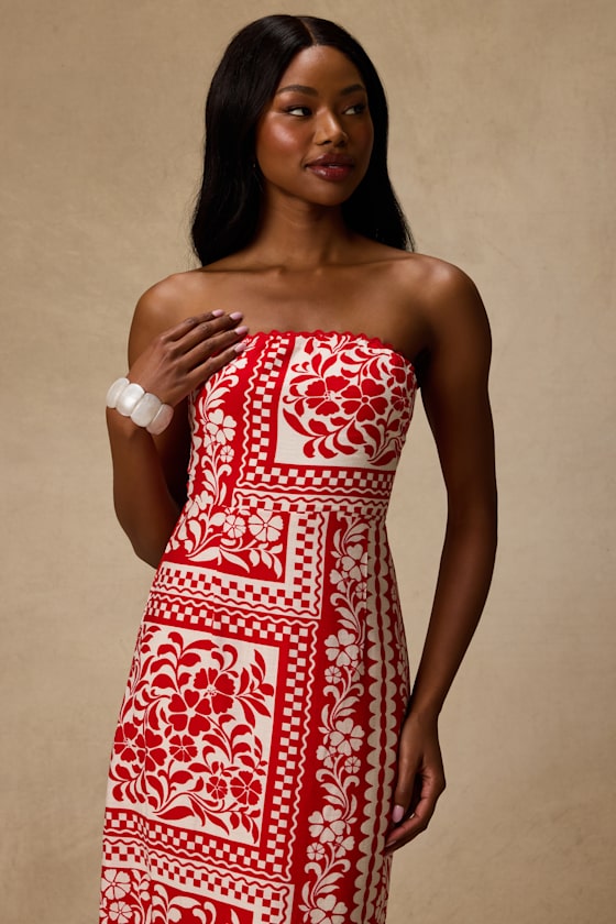 Brigita Red Striped Strapless Column Midi Dress