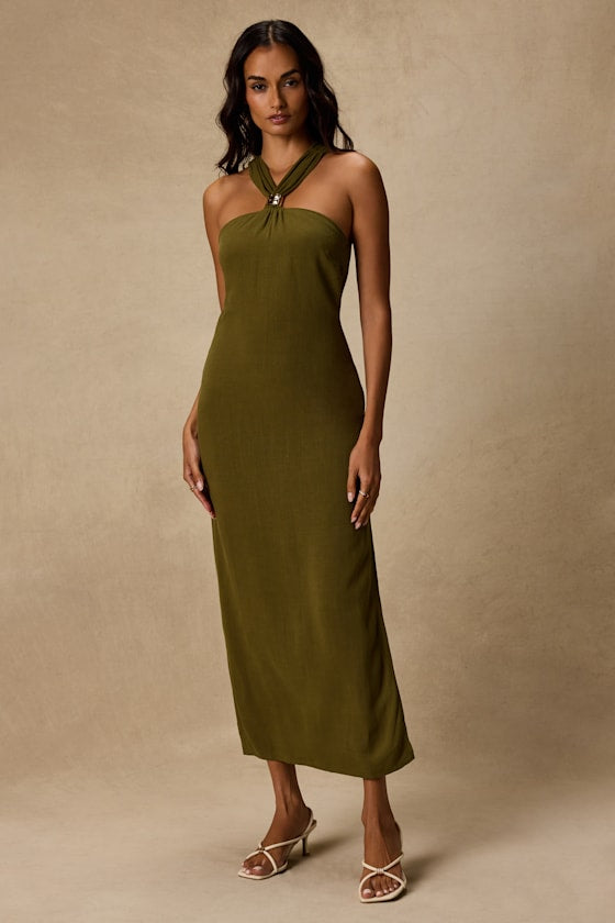 Calessia Olive Green Linen Halter Neck Midi Dress