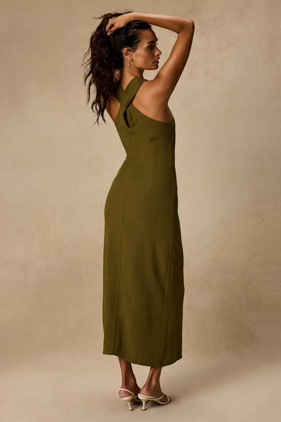 Calessia Olive Green Linen Halter Neck Midi Dress
