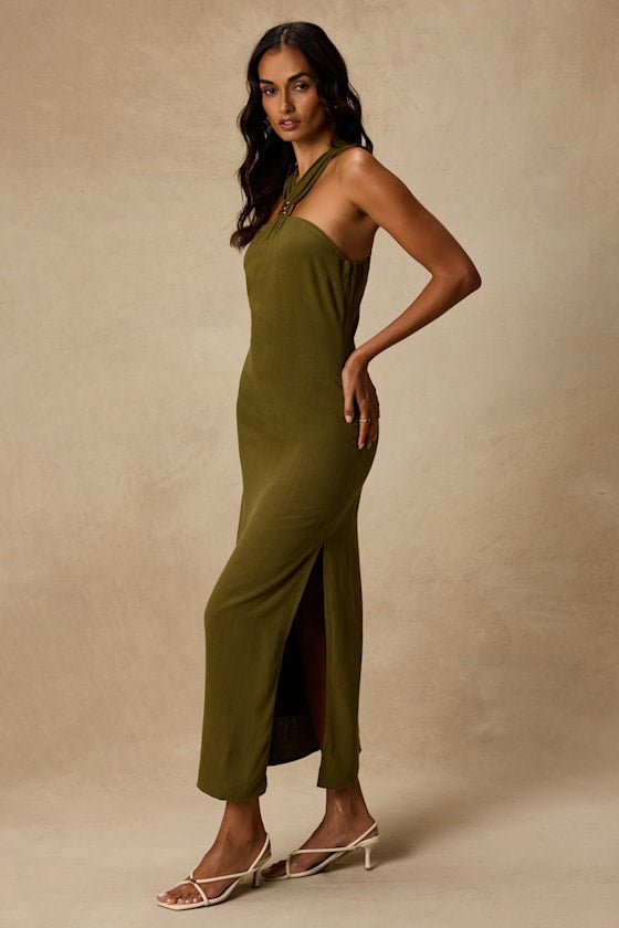 Calessia Olive Green Linen Halter Neck Midi Dress