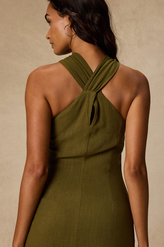Calessia Olive Green Linen Halter Neck Midi Dress