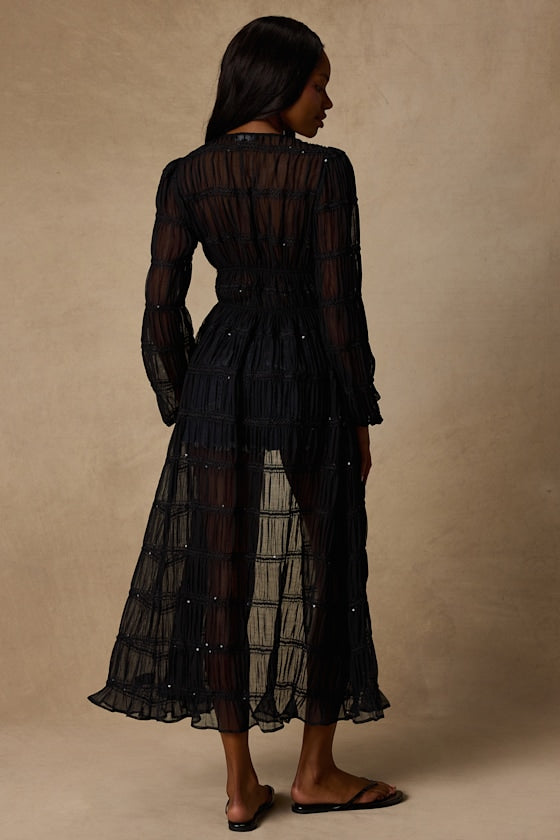April Black Sheer Long Sleeve Tie-Front Duster Top