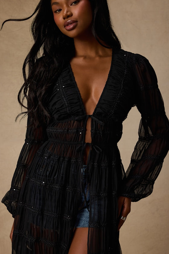 April Black Sheer Long Sleeve Tie-Front Duster Top