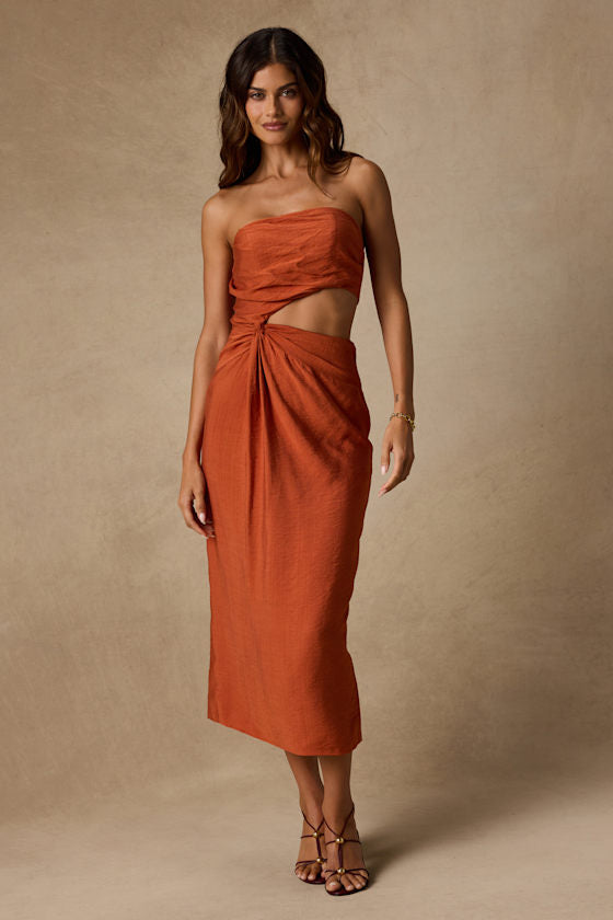 Zisel Terracotta Cutout Strapless Midi Dress