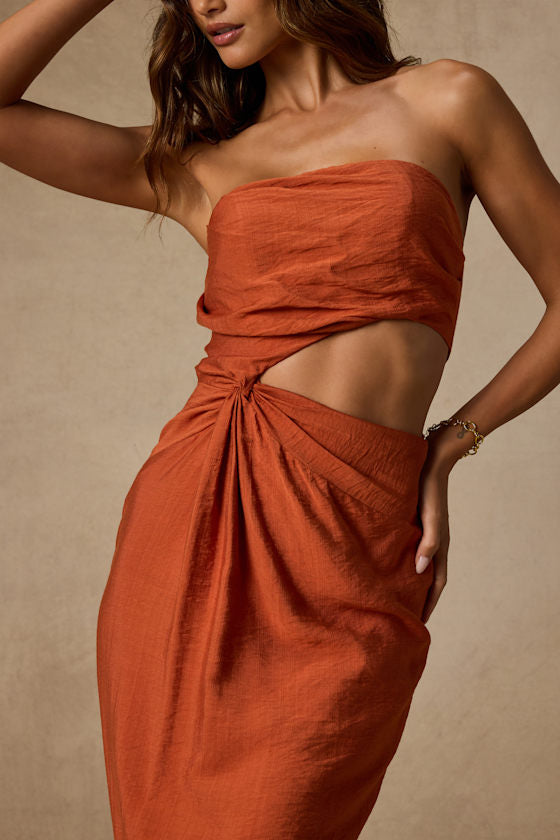 Zisel Terracotta Cutout Strapless Midi Dress