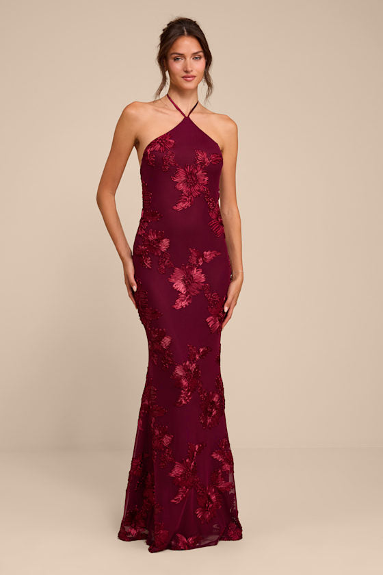 Celyna Burgundy Mesh Floral Applique Maxi Dress