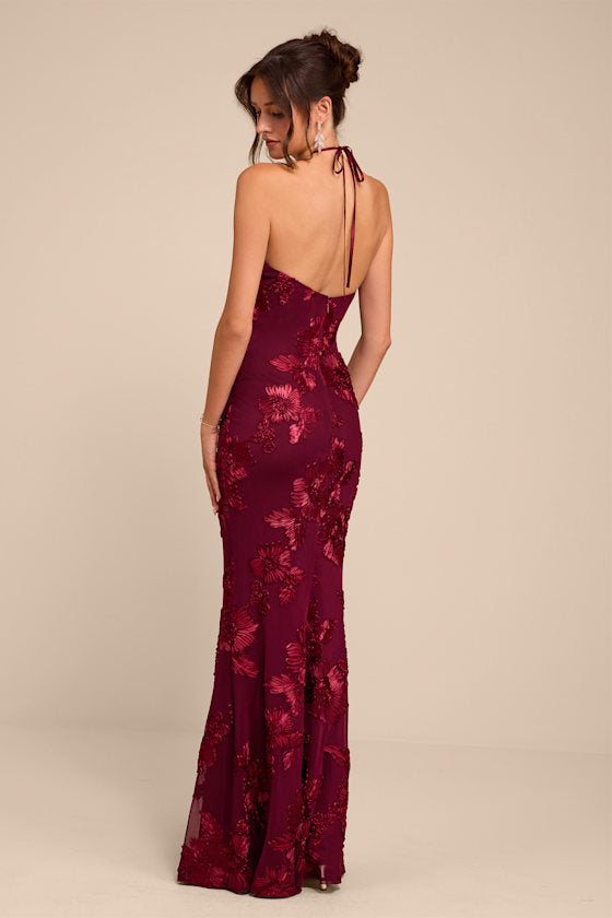 Celyna Burgundy Mesh Floral Applique Maxi Dress