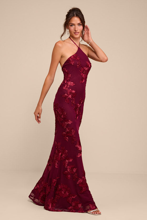 Celyna Burgundy Mesh Floral Applique Maxi Dress
