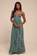 Kit Teal Multi Floral Pleated Lace-Up Maxi Dress