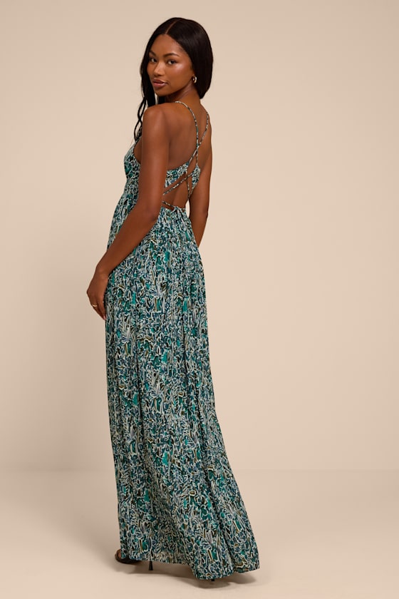 Kit Teal Multi Floral Pleated Lace-Up Maxi Dress