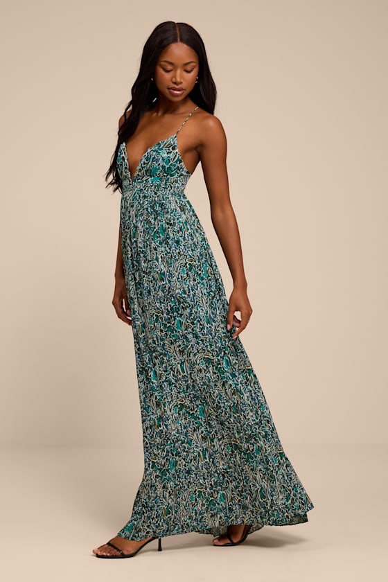Kit Teal Multi Floral Pleated Lace-Up Maxi Dress