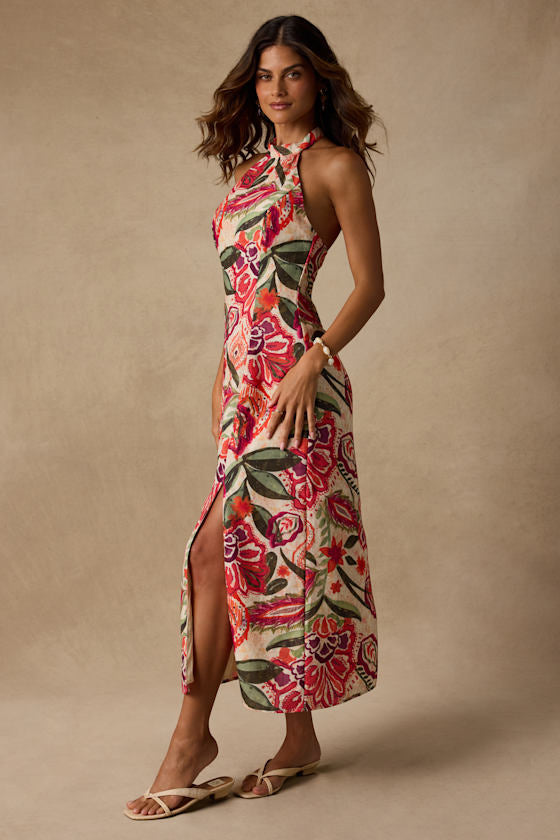 Paloma Ivory Multi Floral Halter Midi Dress