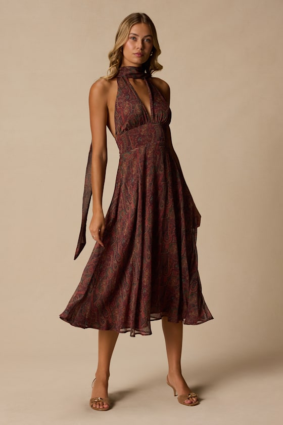 Kylinda Rust Multi Paisley Midi Dress and Scarf Set