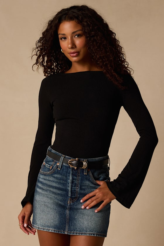Maelis Black Ribbed Knit Long Sleeve Boat Neck Top