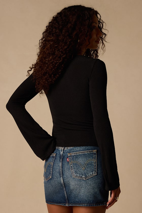 Maelis Black Ribbed Knit Long Sleeve Boat Neck Top