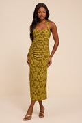 Delena Olive Jacquard Ruched Halter Midi Dress