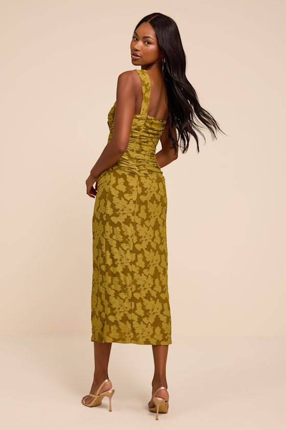 Delena Olive Jacquard Ruched Halter Midi Dress