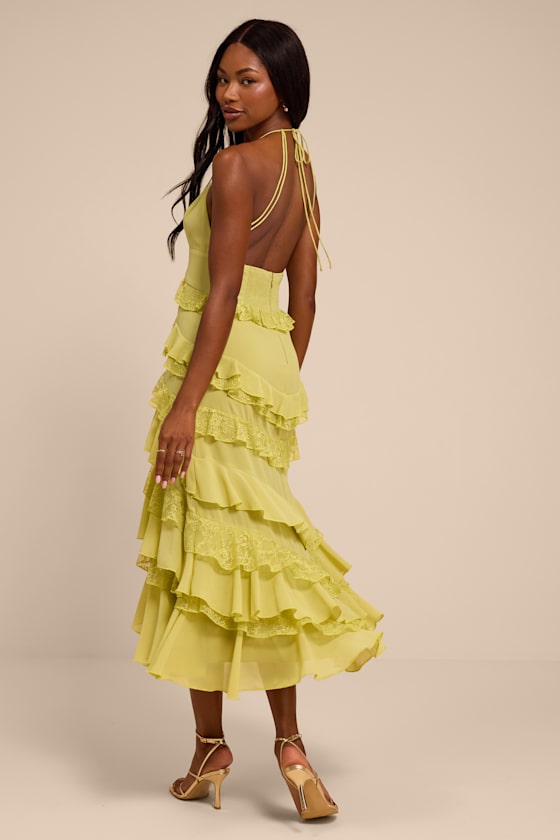 Melena Chartreuse Ruffled Lace Midi Dress