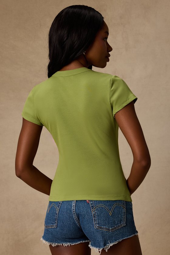 Annalena Lime Green Ribbed Button-Front Short Sleeve Top