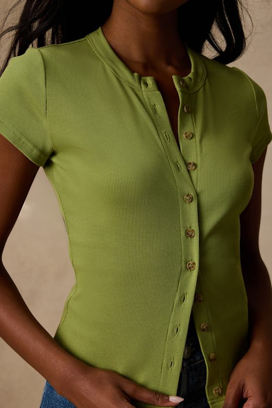 Annalena Lime Green Ribbed Button-Front Short Sleeve Top
