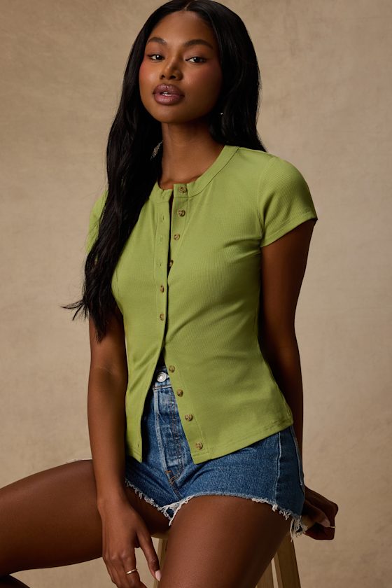 Annalena Lime Green Ribbed Button-Front Short Sleeve Top