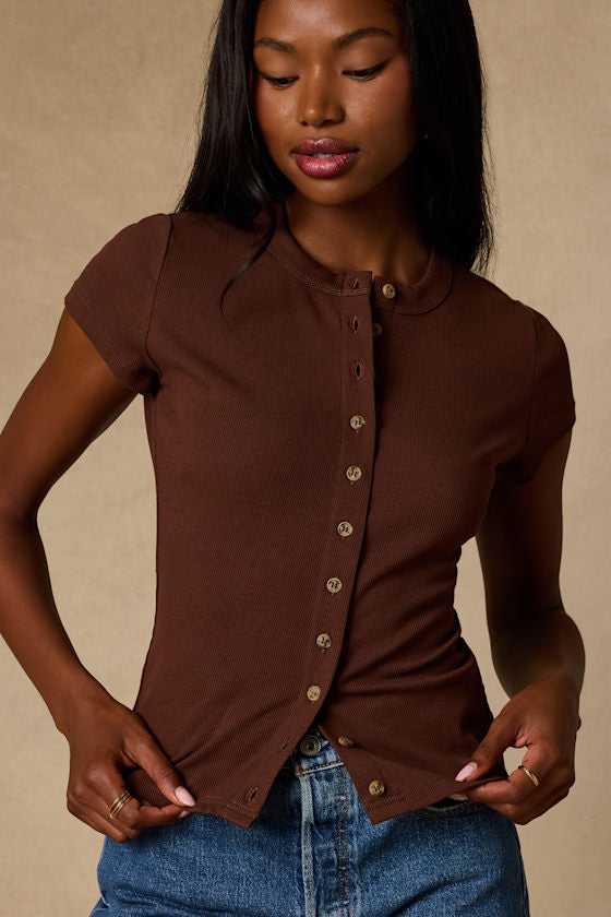 Annalena Brown Ribbed Button-Front Short Sleeve Top