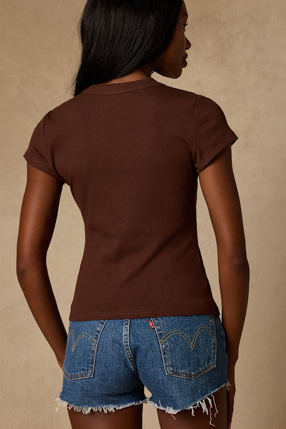 Annalena Brown Ribbed Button-Front Short Sleeve Top