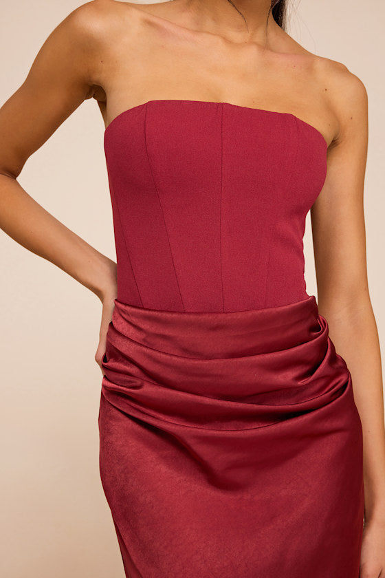 Mella Burgundy Mixed Media Strapless Maxi Dress