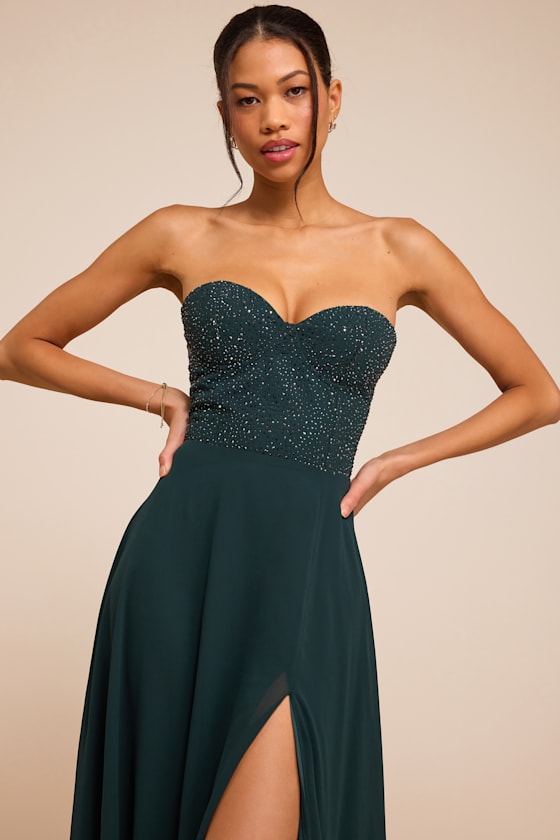Remember This Moment Emerald Rhinestone Strapless Maxi Dress