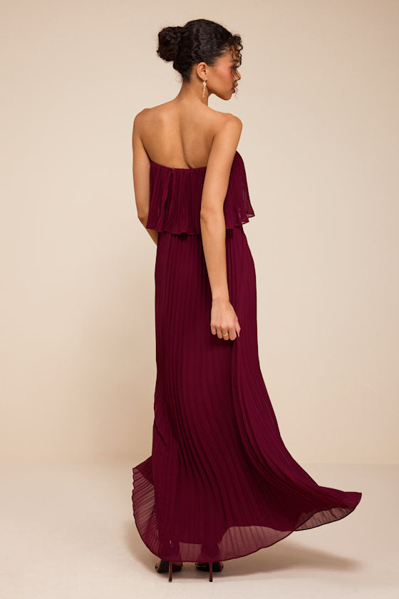 Arietta Plum Pleated Strapless Maxi Dress