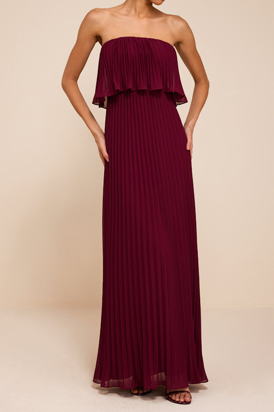 Arietta Plum Pleated Strapless Maxi Dress