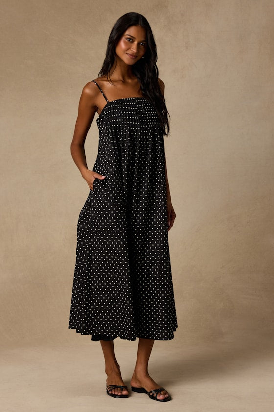 Sam Black Polka Dot Pleated Shift Midi Dress