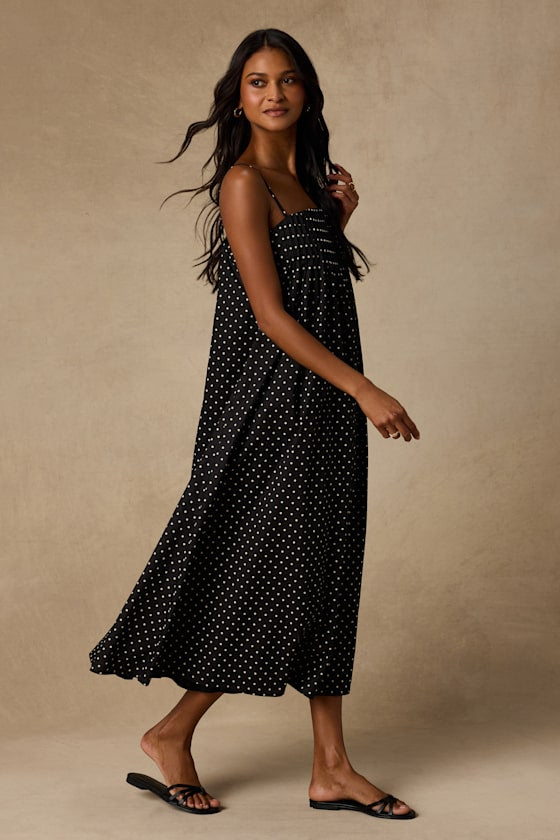 Sam Black Polka Dot Pleated Shift Midi Dress