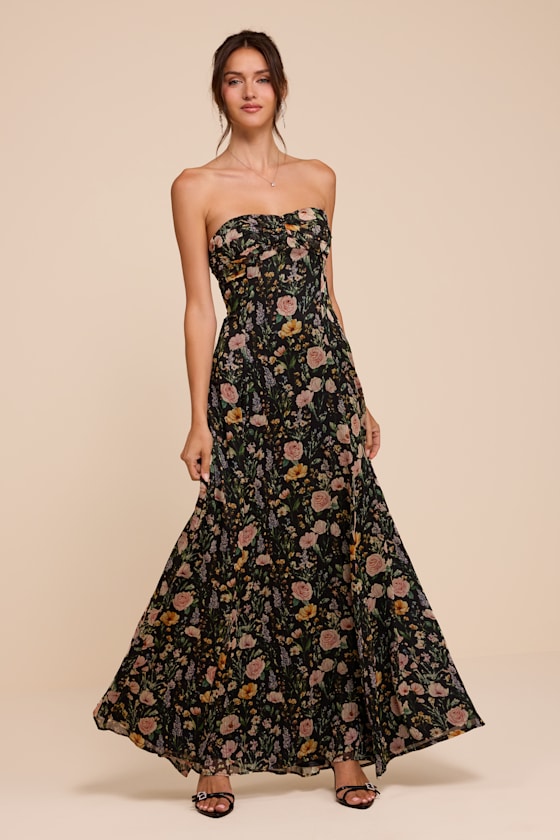 Kamalia Black Multi Floral Strapless Maxi Dress