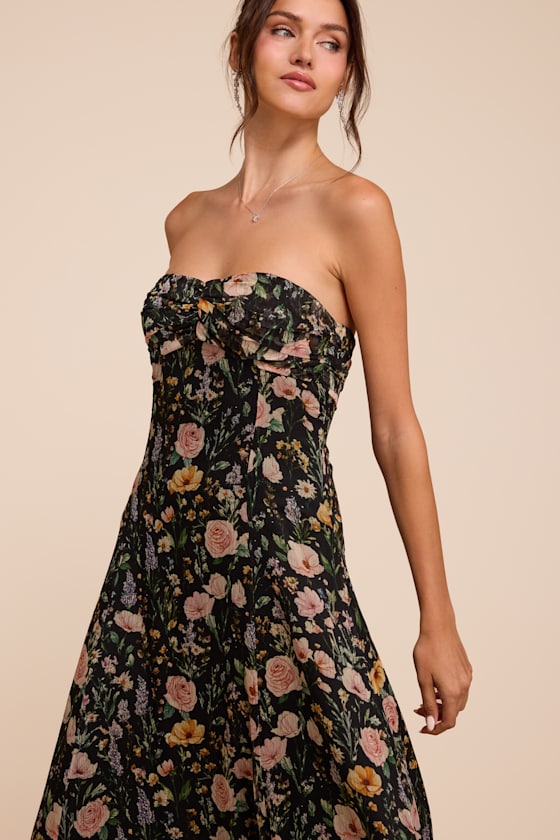 Kamalia Black Multi Floral Strapless Maxi Dress